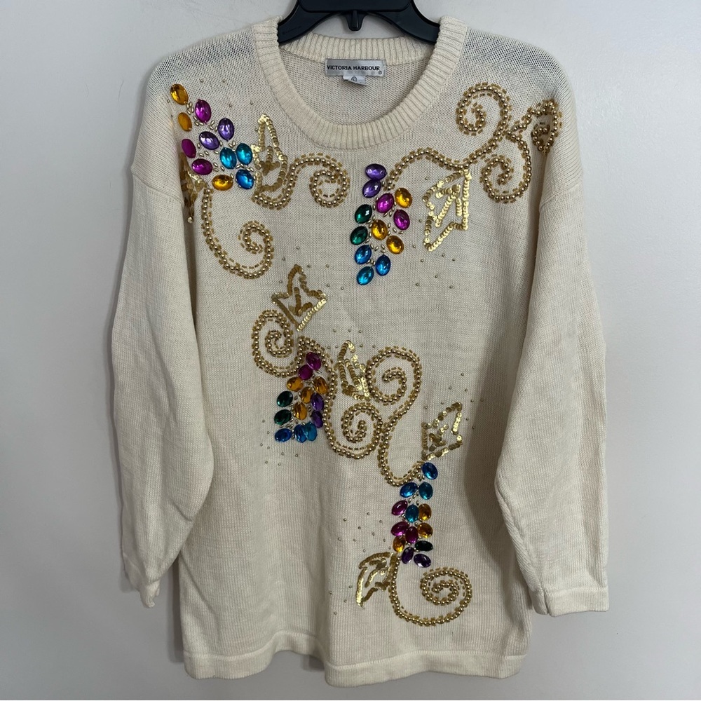 Vintage Victoria Harbour White Sweater Sz L Sequin Bead Embellished WINE GRAPES